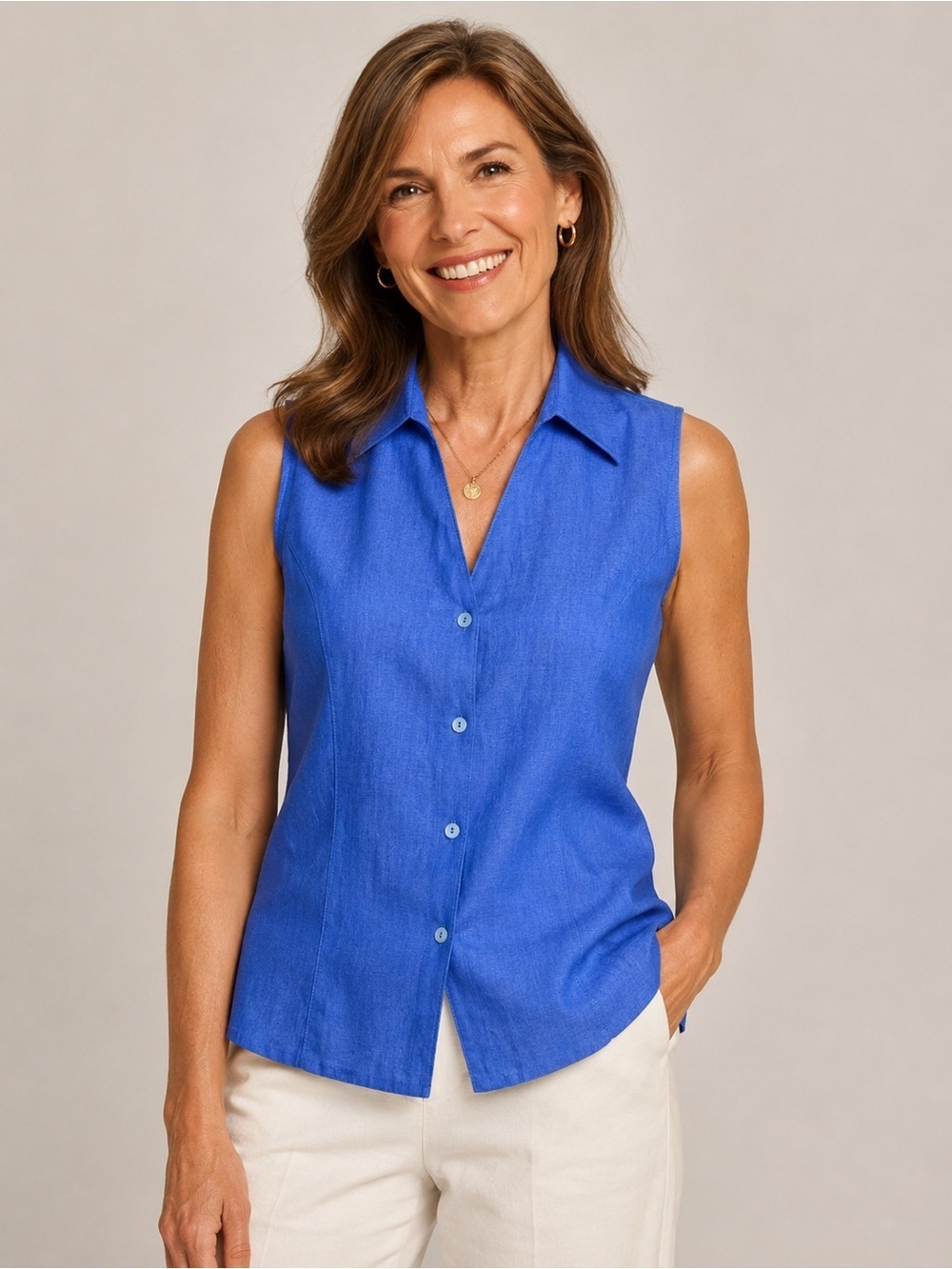 Rafaella Blue 100% Linen Sleeveless Button Front Blouse Women’s Size 10